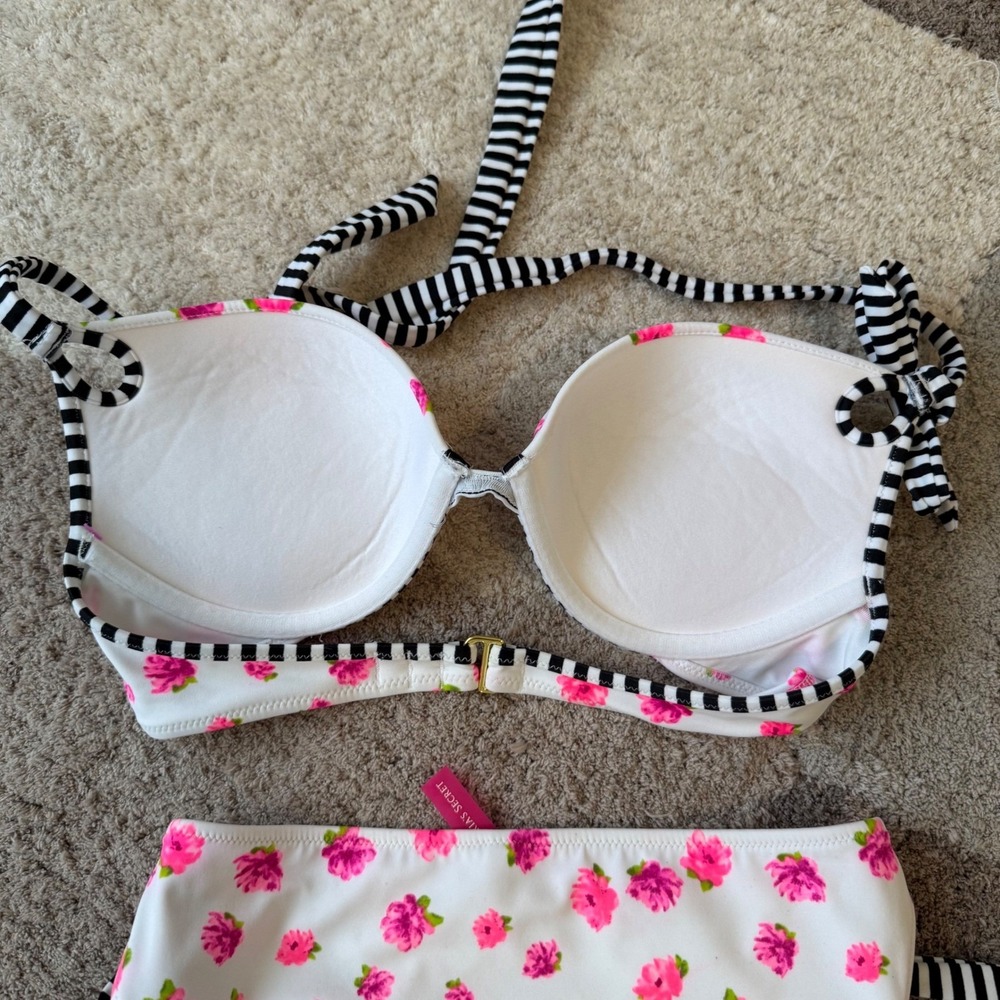 Victorias Secret Floral Striped Push Up Halter Bikini Top White Pink 34C 281678 - Picture 7 of 8